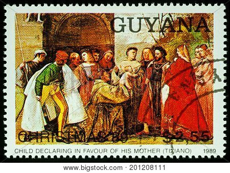 Moscow Russia - August 24 2017: A stamp printed in Guyana shows painting 