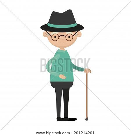 colorful full body grandfather in walking stick with glasses vector illustration