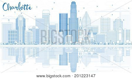 Outline Charlotte Skyline with Blue Buildings and Reflections. Business Travel and Tourism Concept with Modern Architecture. Image for Presentation Banner Placard and Web Site.