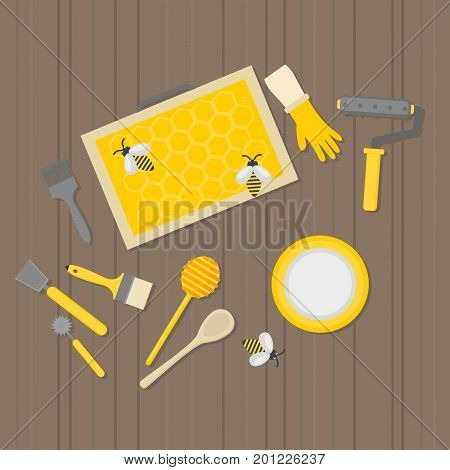 Flat design elements of Beekeeping and apiculture. Beekeeper Tools and equipment set. Apiary Instrument isolated. Honeycomb. Honey in jar