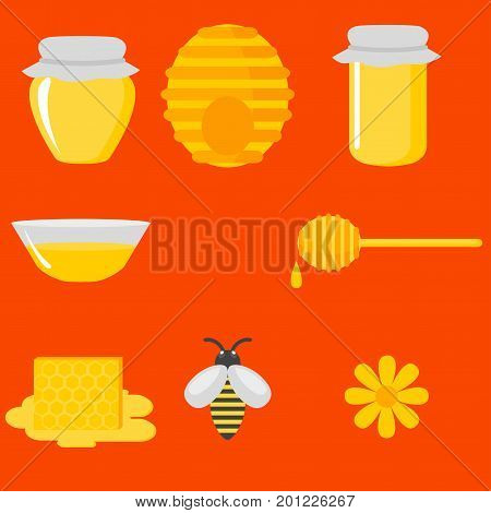Flat design elements of Beekeeping and apiculture. Beekeeper Tools and equipment set. Apiary Instrument isolated. Natural organic Honey in jar