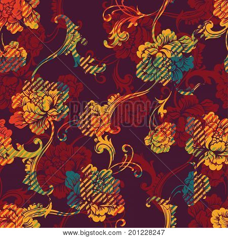 Eclectic fabric plaid seamless pattern with baroque ornament. Vector background.