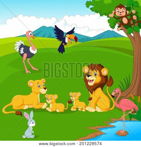 Vector illustration of Cartoon lion family in the jungle