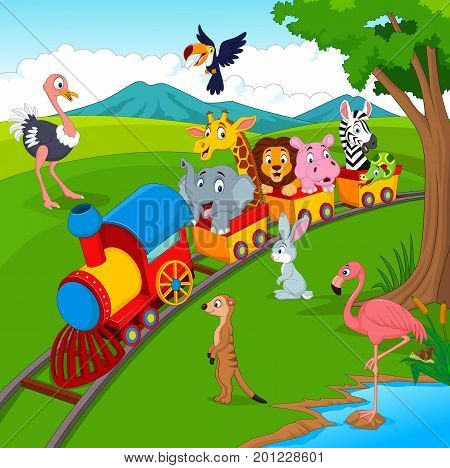 Vector illustration of Cartoon train on railroad with wild animals
