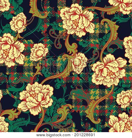 Eclectic fabric plaid seamless pattern with baroque ornament. Vector background.