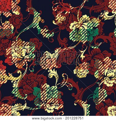 Eclectic fabric plaid seamless pattern with baroque ornament. Vector background.