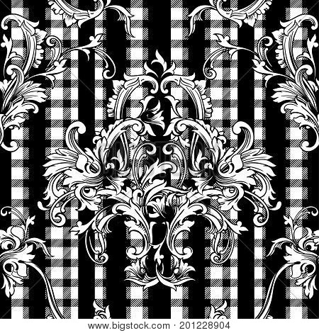 Eclectic fabric plaid seamless pattern with baroque ornament. Vector background.