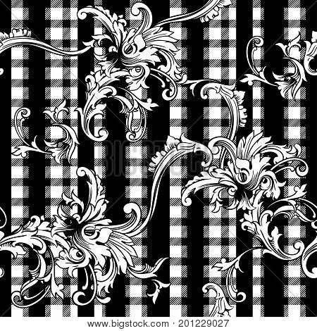 Eclectic fabric plaid seamless pattern with baroque ornament. Vector background.