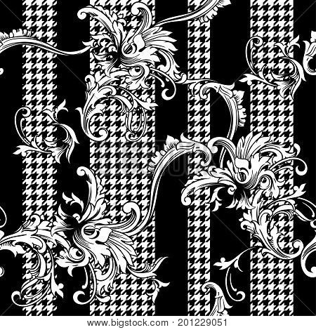 Eclectic fabric plaid seamless pattern with baroque ornament. Vector background.