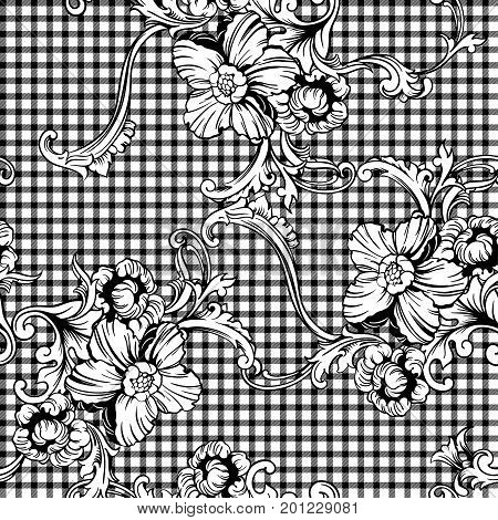 Eclectic fabric plaid seamless pattern with baroque ornament. Vector background.