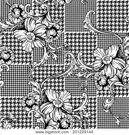 Eclectic fabric plaid seamless pattern with baroque ornament. Vector background.