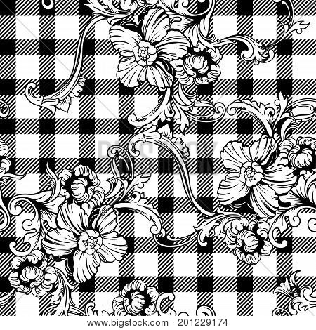 Eclectic fabric plaid seamless pattern with baroque ornament. Vector background.