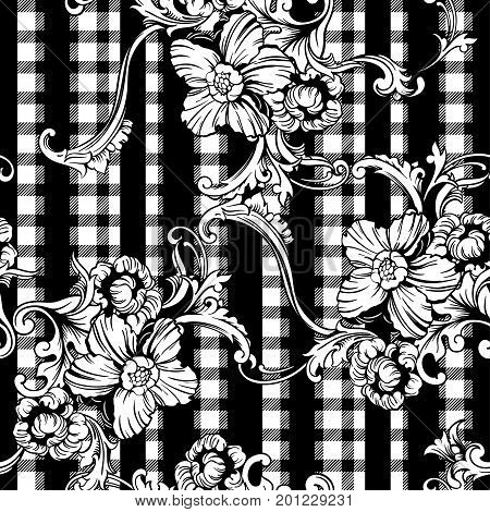 Eclectic fabric plaid seamless pattern with baroque ornament. Vector background.