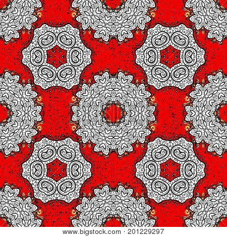 Pattern on red background with white elements. Damask classic pattern. Vector abstract background with repeating elements.