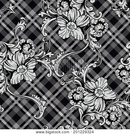 Eclectic fabric plaid seamless pattern with baroque ornament. Vector background.