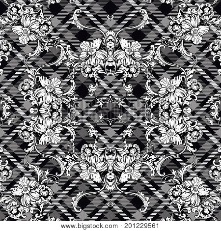 Eclectic fabric plaid seamless pattern with baroque ornament. Vector background.