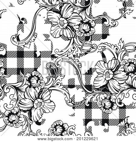 Eclectic fabric plaid seamless pattern with baroque ornament. Vector background.