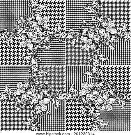 Eclectic fabric seamless black and white pattern. Geometric plaid  floral background with baroque ornament. Vector illustration