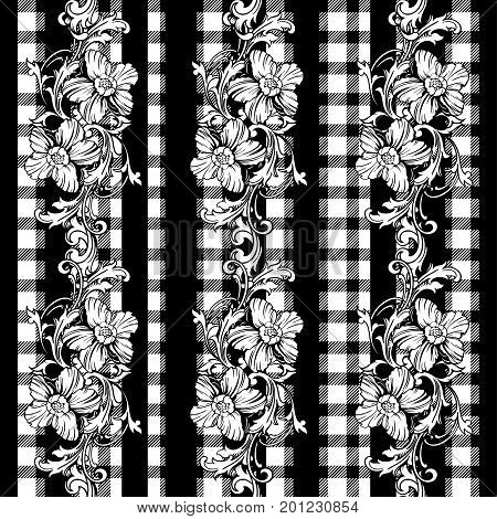Eclectic fabric seamless black and white pattern. Geometric plaid  floral background with baroque ornament. Vector illustration