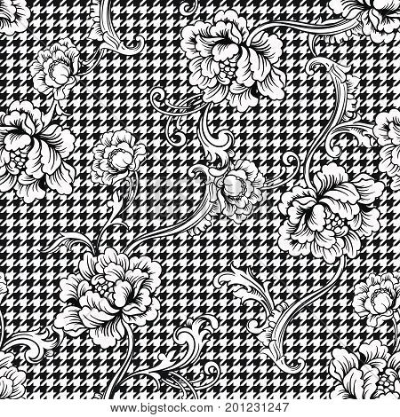 Eclectic fabric seamless black and white pattern. Geometric plaid  floral background with baroque ornament. Vector illustration