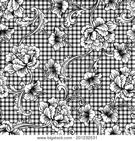 Eclectic fabric seamless black and white pattern. Geometric plaid  floral background with baroque ornament. Vector illustration