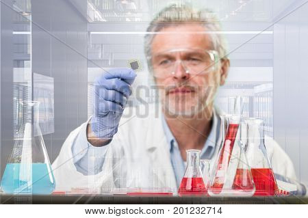 Senior life science research researching in modern scientific laboratory. Focused senior life science professional holding and observing the micro chip. Lens focus on the chip.