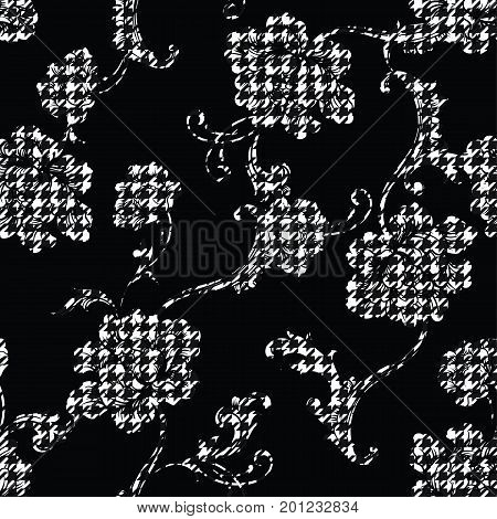Eclectic fabric seamless black and white pattern. Geometric plaid floral background with baroque ornament. Vector illustration