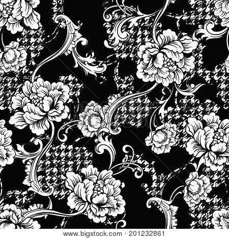 Eclectic fabric seamless black and white pattern. Geometric floral background with baroque ornament. Vector illustration
