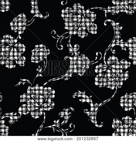 Eclectic fabric seamless black and white pattern. Geometric floral background with baroque ornament. Vector illustration