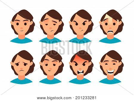 Set of women emotion. Flat icon and cartoon character.