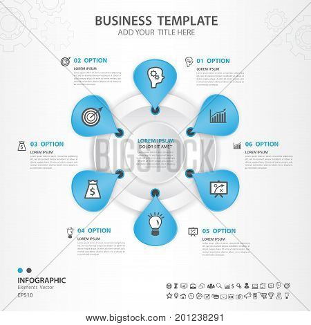 Infographics elements diagram with 6 steps, options, Vector illustration, blue circle icon, presentation template, advertisment layout, Process chart, business flyer, banner, web, timeline, silde