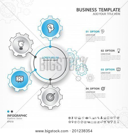 Infographics elements diagram with 4 steps, options, Vector illustration, blue gear icon, presentation template, advertisment layout, Process chart, business flyer, banner design, web, timeline, silde