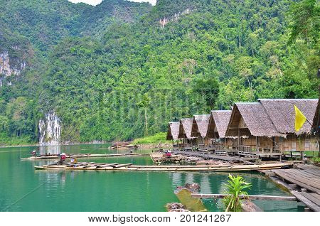 The bamboo raft floating on Cheow Lan Lake in Ratchaprapha Dam at Khao Sok National Park, Surat Thani Province, Thailand.