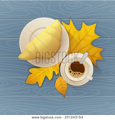 Tasty buttery croissant and cup of hot coffee on old wooden table with autumn leaves. Flat vector illustration