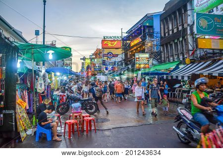 Bangkok, Thailand - August 23, 2017: People walking along the busy streets of Khao San Road in Bangkok, Thailand.