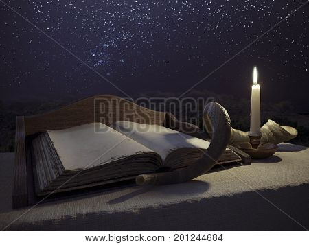 jewish holiday background with old book and landscape concept photo