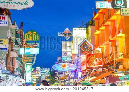 Bangkok, Thailand - August 23, 2017: People walking along the busy streets of Khao San Road in Bangkok, Thailand.