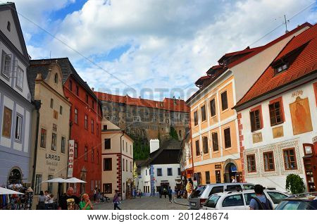 Cesky krumlov Czech republic - July 21 2017: Street with houses in Cesky krumlov UNESCO town in Czech republic