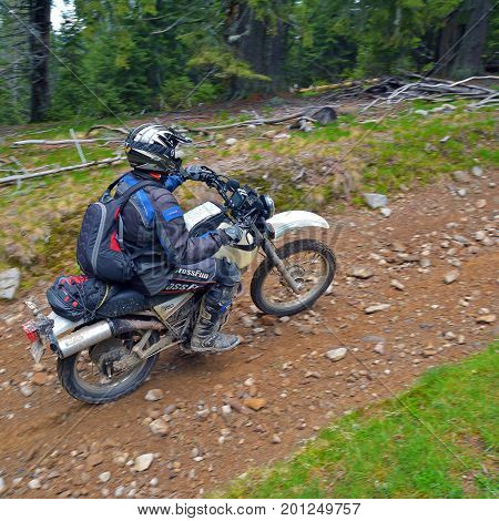 Tarcu Romania - May 9 2014: An enduro rider in the forest. Shot taken on May 9th 2014