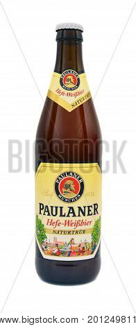 Caransebes Romania - February 6 2016: A bottle of Paulaner beer over white background. Shot taken on February 6th 2016