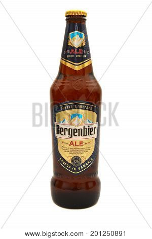 Caransebes Romania - February 14 2016: A bottle of romanian Bergenbier beer over white background. Shot taken on February 14th 2016