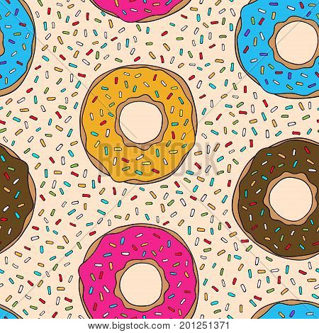 Seamless pattern with colorful delicious donuts with icing and sprinkles. Hand drawn multicolor repeat pattern. Vector texture for your design wrapping paper fabric wallpaper .