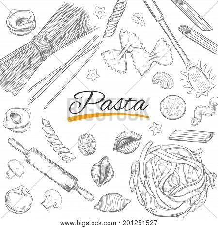 Italian Pasta frame. Different types of pasta. Vector hand drawn illustration. Isolated objects on white. Sketch style