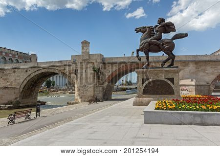 SKOPJE, REPUBLIC OF MACEDONIA - 13 MAY 2017: Skopje City Center, Old Stone Bridge and Vardar River, Republic of Macedonia