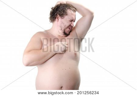 The smell of sweat. The overweight guy without a shirt. White background.