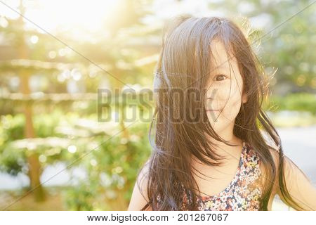Close Up portrait young little rascals asian girl .