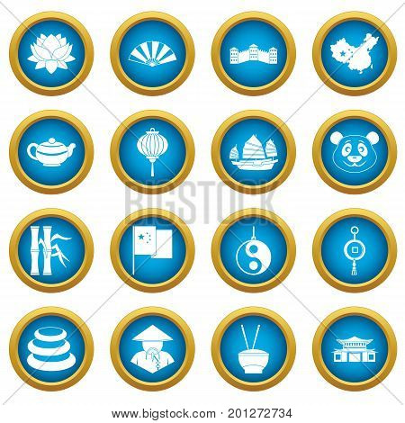 China travel symbols icons blue circle set isolated on white for digital marketing