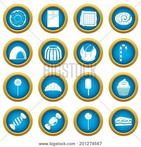 Sweets and candies icons blue circle set isolated on white for digital marketing