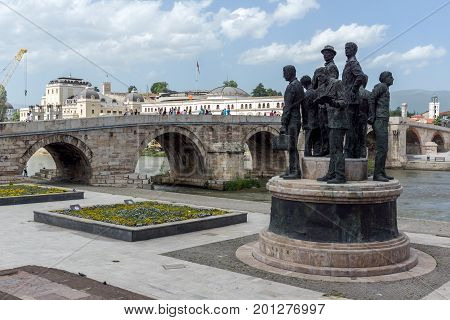 SKOPJE, REPUBLIC OF MACEDONIA - MAY 13, 2017: Skopje City Center, Old Stone Bridge and Vardar River, Republic of Macedonia