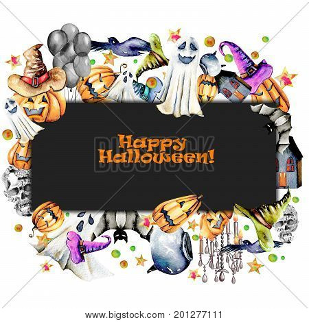 Card template, frame from watercolor Halloween objects (pumpkins in old hats, spooks, skull, pot and other), hand painted on a dark and white background